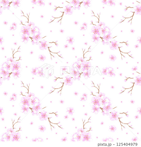 Hand drawn watercolor cherry blossom bouquet seamless pattern isolated on white background. Can be used for textile, fabric, scrapbook and other printed products. Hand drawn watercolor cherry blossom bouquet seamless pattern isolated on white background. Can be used for textile, fabric, scrapbook and other printed products. 125404979