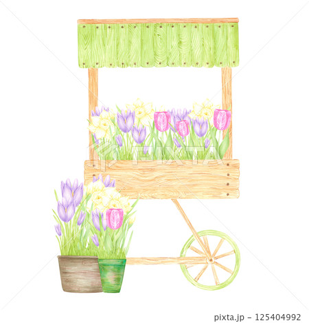 Hand drawn watercolor spring garden composition with wooden flower cart isolated on white background. Can be used for postcard, label, scrapbook and other printed products. 125404992