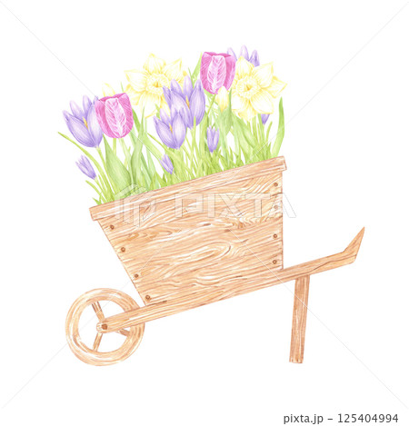 Hand drawn watercolor wooden flower cart with blooming spring flowers isolated on white background. Can be used for postcard, label, scrapbook and other printed products. Hand drawn watercolor wooden flower cart with blooming spring flowers isolated on white background. Can be used for postcard, label, scrapbook and other printed products. 125404994