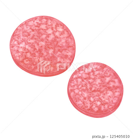 Hand drawn watercolor salami slices. Illustration of food isolated on white background. Can be used for label, card, scrapbook and other printed products. 125405010