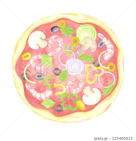 Hand drawn watercolor pizza with tomatoes shrimps pepper and olives isolated on white background. Can be used for label, card, scrapbook and other printed products. Hand drawn watercolor pizza with tomatoes shrimps pepper and olives isolated on white background. Can be used for label, card, scrapbook and other printed products. 125405013