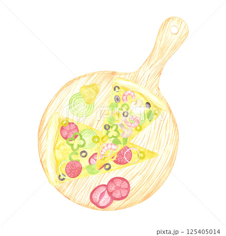Hand drawn watercolor pizza with tomatoes pickles pepper and olives on wooden board isolated on white background. Can be used for label, card, scrapbook and other printed products. Hand drawn watercolor pizza with tomatoes pickles pepper and olives on wooden board isolated on white background. Can be used for label, card, scrapbook and other printed products. 125405014
