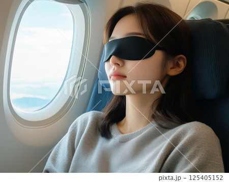 飛行機内でアイマスクを着用してリラックスする日本人女性 125405152