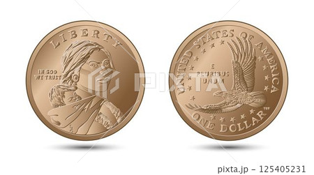 United States coin, Sacagawea dollar. Obverse and reverse. American money. Vector illustration. 125405231