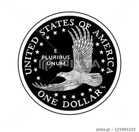 Coin one US dollar. The coin is depicted in black and white. Vector illustration. Vector illustration. 125405233