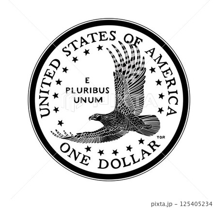 Coin one US dollar. The coin is depicted in black and white. Vector illustration. Vector illustration. 125405234