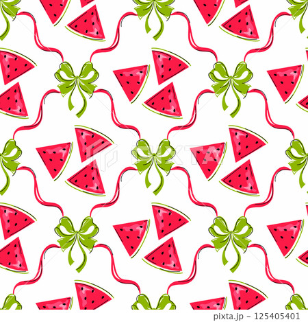 Cute watermelon slices with green ribbons and coquette bows seamless pattern. Trellis ribbons with sweet melons on white background 125405401