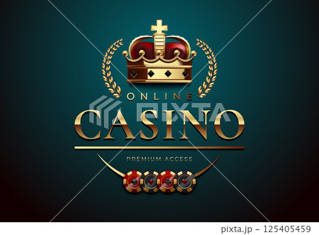 Luxury online casino logo with a golden crown, laurel wreath, and poker chips on a dark teal background. Ideal for gambling websites, casino branding, and premium poker events 125405459