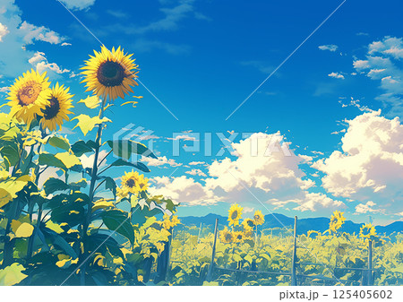 青空とひまわりのイラストgenerative ai 125405602
