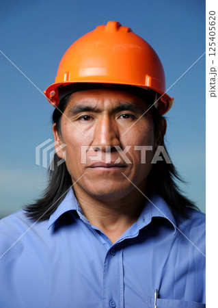Skilled Worker With Orange Hard Hat Poses Confidently Against a Bright Blue Sky 125405620