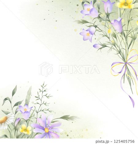Bouquet of watercolor wildflowers lilac bellflower, yellow buttercup and meadow grasses tied ribbon bow. Hand drawn isolated square frame of flowers with copy space for invitations and postcard. 125405756