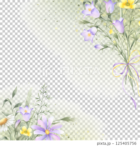 Bouquet of watercolor wildflowers lilac bellflower, yellow buttercup and meadow grasses tied ribbon bow. Hand drawn isolated square frame of flowers with copy space for invitations and postcard. 125405756