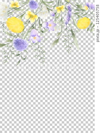 Floral postcard of watercolor wildflowers dandelion, bellflower, buttercup, mouse pea and meadow grasses isolated illustration with copy space, A4. Hand drawn yellow and lilac flowers for invitations. 125405758