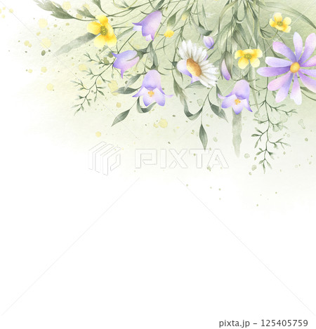 Watercolor wildflowers lilac bellflower, yellow buttercup, chamomile and meadow grasses. Hand drawn isolated square frame on green stain and splash with copy space for invitation, postcard and card. 125405759