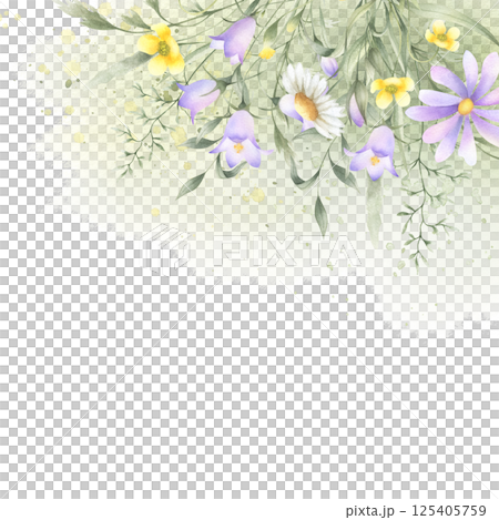 Watercolor wildflowers lilac bellflower, yellow buttercup, chamomile and meadow grasses. Hand drawn isolated square frame on green stain and splash with copy space for invitation, postcard and card. 125405759