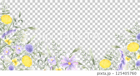 Wildflowers dandelion, bellflower, buttercup, mouse pea and meadow grasses. Hand drawn isolated watercolor rectangular horizontal frame illustration of yellow lilac flowers with copy space, banner. Wildflowers dandelion, bellflower, buttercup, mouse pea and meadow grasses. Hand drawn isolated watercolor rectangular horizontal frame illustration of yellow lilac flowers with copy space, banner. 125405760