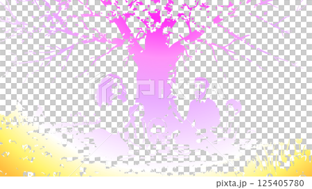 桜の下で楽しく花見をする家族連れ 125405780