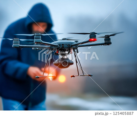 撮影用ドローンと操作する男性のイメージ素材 125405887