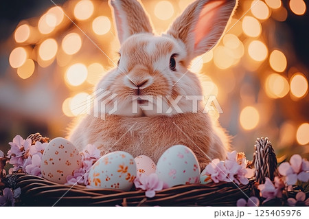 Easter bunny with basket of colorful eggs in a blooming garden. Easter bunny with basket of colorful eggs in a blooming garden. 125405976