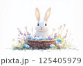Easter bunny with basket , colorful eggs and various flowers. 125405979