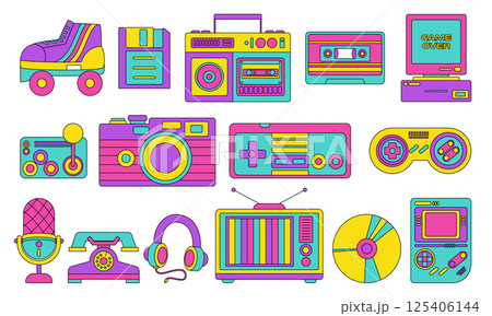 Retro icon set 80s 90s groovy pop art arcade console groovy colorful video game culture Retro icon set 80s 90s groovy pop art arcade console groovy colorful video game culture 125406144