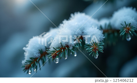 Evergreen branch in winter with melting snow 125406212