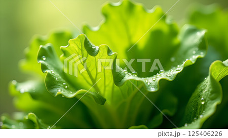 Fresh Green Lettuce Leaves with Water Droplets 125406226