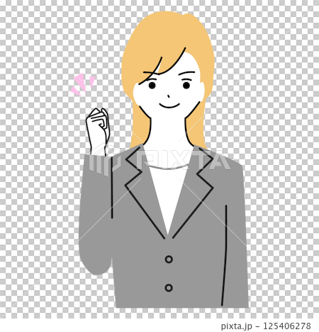 The upper body of a woman in a suit smiling and making a fist pump 125406278