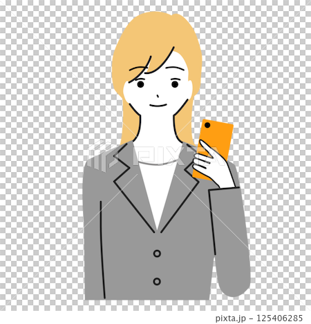 Illustration of a woman in a suit holding a smartphone 125406285