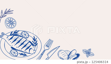 Background with hand drawn simple Mediterranean seafood. Fish seafood olives. Design for cafe or restaurant menu. 125406314