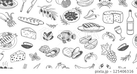 Seamless pattern of hand drawn simple mediterranean food. Fish seafood cheese olives bread. Background for cafe or restaurant menu. Seamless pattern of hand drawn simple mediterranean food. Fish seafood cheese olives bread. Background for cafe or restaurant menu. 125406316