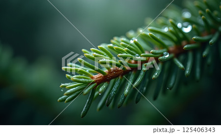 Fir Branch with Dewdrops: Evergreen Beauty 125406343