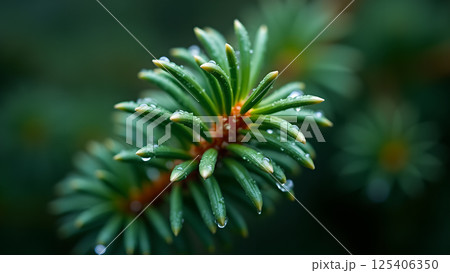 Dew kissed Spruce Branch after a Rainy Morning Dew kissed Spruce Branch after a Rainy Morning 125406350