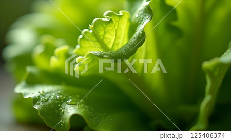 Fresh Green Lettuce Close-Up with Water Droplets Fresh Green Lettuce Close-Up with Water Droplets 125406374