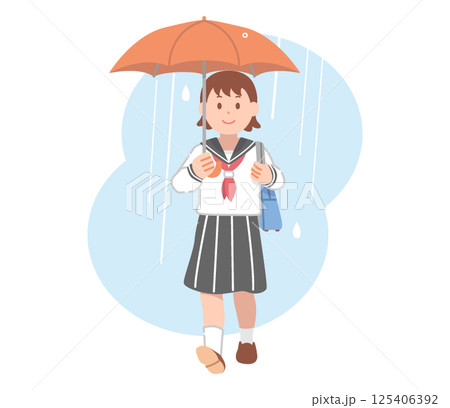 傘をさすセーラー服姿の女子学生 125406392