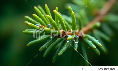 Raindrops Adorn Vibrant Evergreen Branch Detail Raindrops Adorn Vibrant Evergreen Branch Detail 125406466