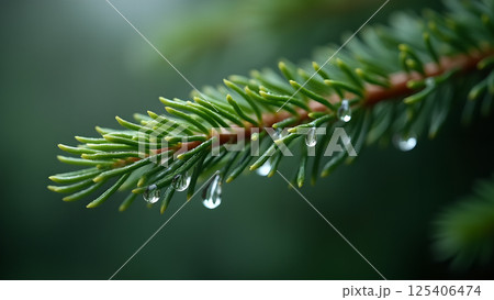 Evergreen Branch Adorned with Glistening Dew Drops 125406474