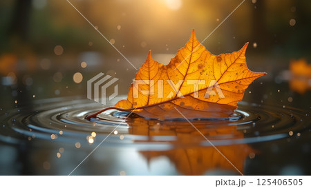 Autumn Leaf Serenity Amidst Water Ripples 125406505