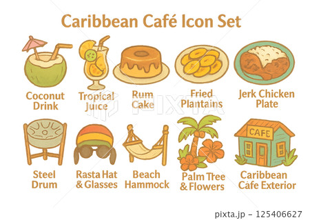 《世界のカフェアイコン》カリブ風カフェ / Caribbean Café Icon Set 125406627