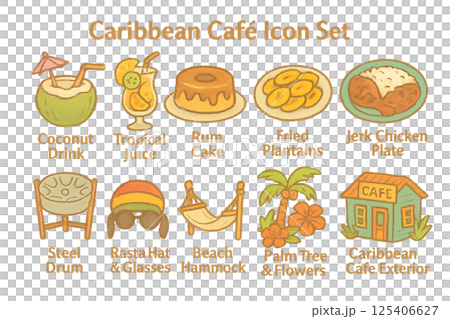 《世界のカフェアイコン》カリブ風カフェ / Caribbean Café Icon Set 125406627