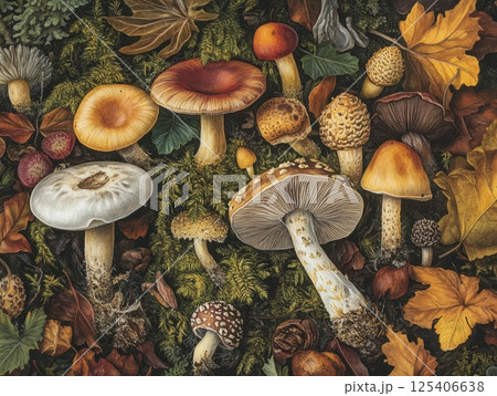 mushrooms growing on the autumn leaves 125406638