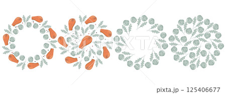 Salmon steaks, Brussels sprout and Arugula leaves Peppercorns Circle Frames and Backgrounds idea Set Salmon steaks, Brussels sprout and Arugula leaves Peppercorns Circle Frames and Backgrounds idea Set 125406677