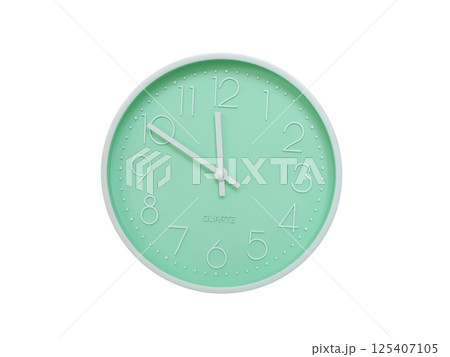 Modern mint green wall clock with white frame and numbers, showing 11:50 or 23:50. Ideal for minimalist designs, time-related content, or morning routine visuals. Modern mint green wall clock with white frame and numbers, showing 11:50 or 23:50. Ideal for minimalist designs, time-related content, or morning routine visuals. 125407105