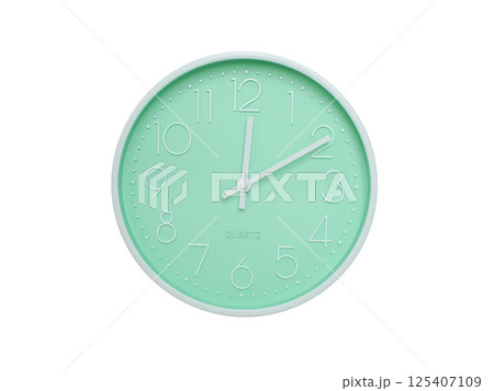 Modern mint green wall clock with white frame and numbers, showing 12:10 or 00:10. Ideal for minimalist designs, time-related content, or morning routine visuals. 125407109