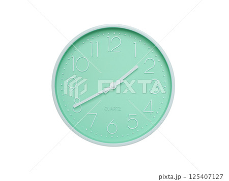 Modern mint green wall clock with white frame and numbers, showing 01:40 or 13:40. Ideal for minimalist designs, time-related content, or morning routine visuals. Modern mint green wall clock with white frame and numbers, showing 01:40 or 13:40. Ideal for minimalist designs, time-related content, or morning routine visuals. 125407127