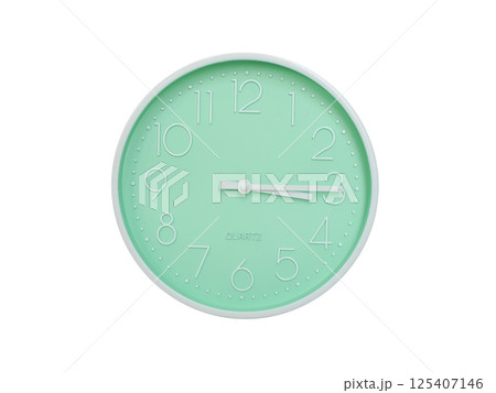Modern mint green wall clock with white frame and numbers, showing 03:15 or 15:15. Ideal for minimalist designs, time-related content, or morning routine visuals. Modern mint green wall clock with white frame and numbers, showing 03:15 or 15:15. Ideal for minimalist designs, time-related content, or morning routine visuals. 125407146