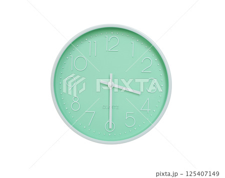 Modern mint green wall clock with white frame and numbers, showing 03:30 or 15:30. Ideal for minimalist designs, time-related content, or morning routine visuals. Modern mint green wall clock with white frame and numbers, showing 03:30 or 15:30. Ideal for minimalist designs, time-related content, or morning routine visuals. 125407149