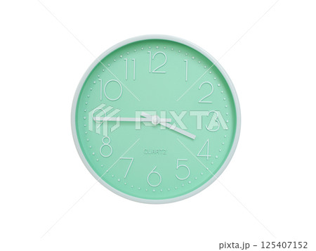 Modern mint green wall clock with white frame and numbers, showing 03:45 or 15:45. Ideal for minimalist designs, time-related content, or morning routine visuals. Modern mint green wall clock with white frame and numbers, showing 03:45 or 15:45. Ideal for minimalist designs, time-related content, or morning routine visuals. 125407152