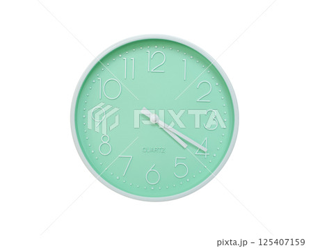 Modern mint green wall clock with white frame and numbers, showing 04:20 or 16:20. Ideal for minimalist designs, time-related content, or morning routine visuals. 125407159