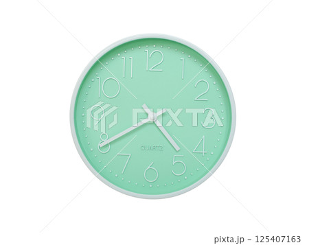 Modern mint green wall clock with white frame and numbers, showing 04:40 or 16:40. Ideal for minimalist designs, time-related content, or morning routine visuals. 125407163